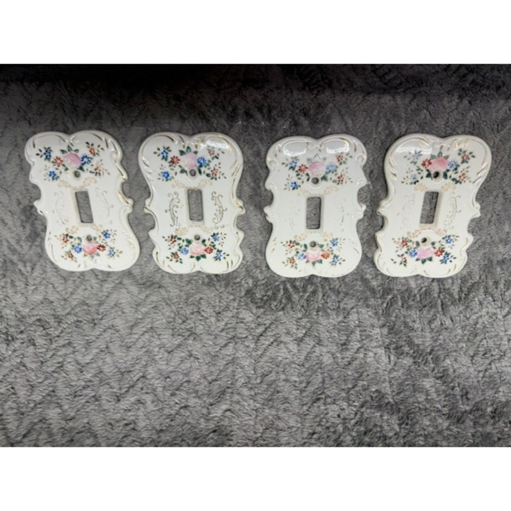 Vintage Set of 4 Floral Porcelain Light Switch Covers Gold Trim Made in Japan